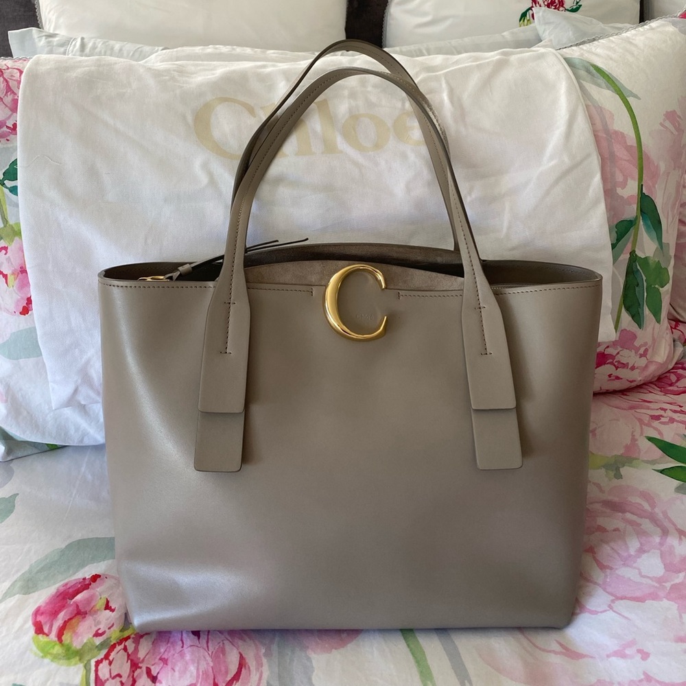 Chloe Medium Zipped C Tote Gray Calfskin Leather Hobobag